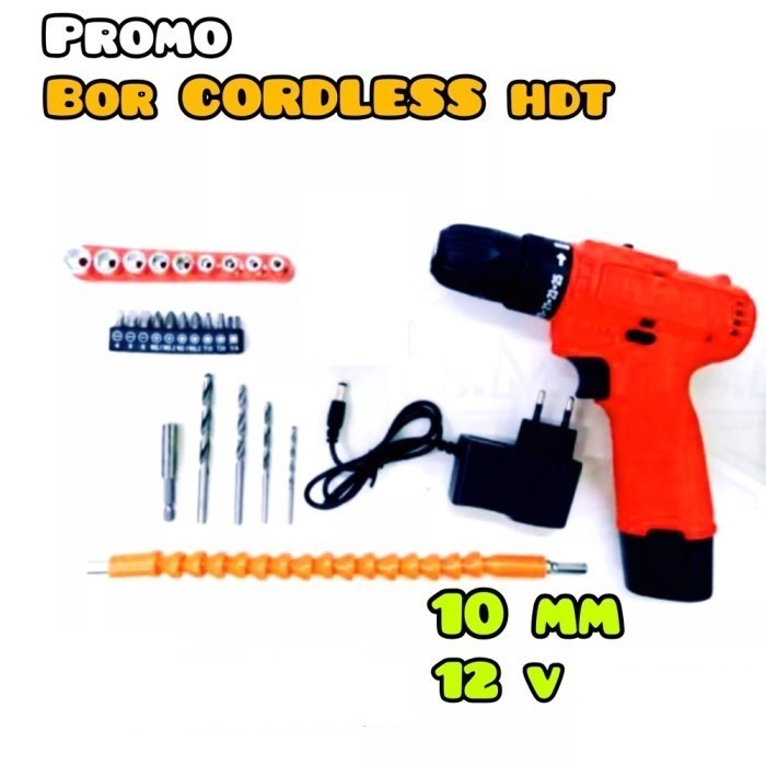 Mesin Bor 1 Baterai Cas Charger 12V Cordless Drill Mata Bor HDT CDD405
