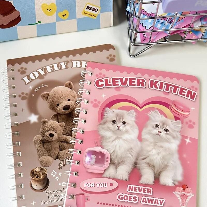 

50 Sheet Kawaii Notebook for Student American Lovely Cartoon Puppy Cat Cover Coil Notepad Horizontal Line Page Scrapbook Journal