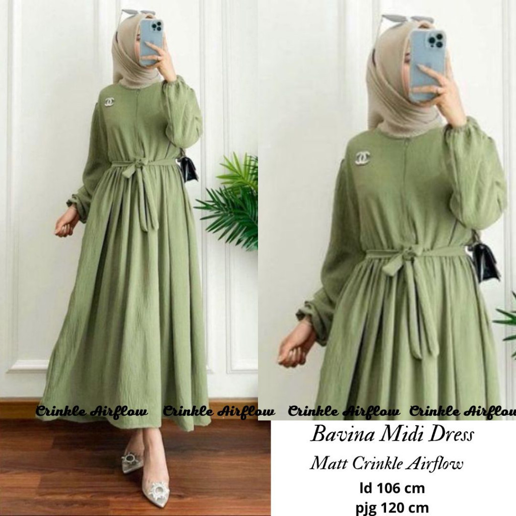 GAMIS WANITA UNTUK LEBARAN- Bavina Midi Dress Bahan Crinkle Airflow Pakaian Wanita Dewasa Terlaris