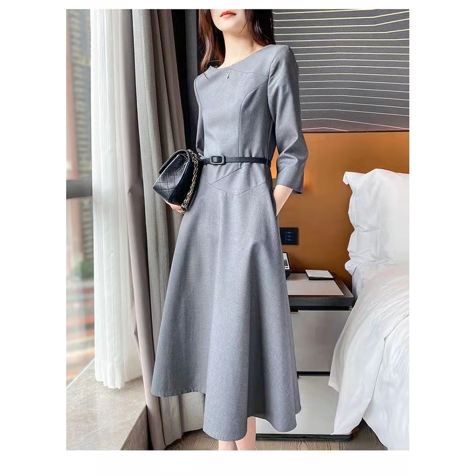 Commuter pleated gray dress for women in spring 2023, new quarter sleeved slim fit fashi