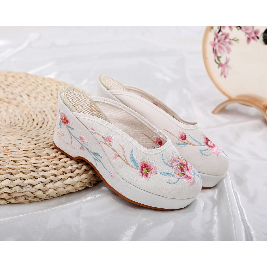 Zixuan Sandal Hak Tinggi Musim Panas Sandal Tendon Sapi Dasar Lembut Sepatu Bordir Vintage Gaya Kuno