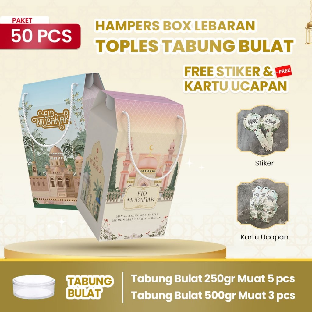 

Hampers Ramadhan Idul Fitri Kekinian Unik Murah Keren / 50pcs Gable Box kotak hampers Lebaran idul fitri Tali jinjing/Box Hampers besar toples BULAT Kue Kering Idul Fitri / estetik finishing foil (Paket 50pcs) muat toples BULAT (250gr : 5 toples) atau (50