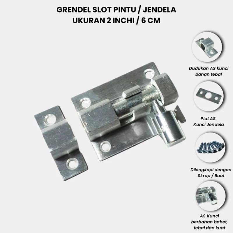 Grendel slot pintu size 2 inch ( 6cm ) slot kunci pintu atas / bawah