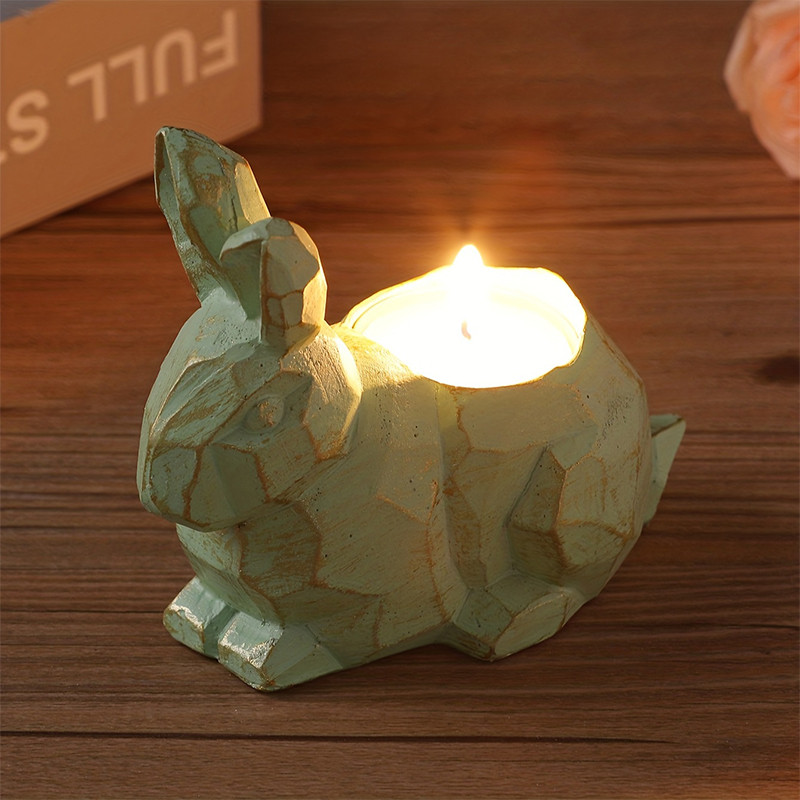 

Resin Geometric Style Animal Candle Holder Ornaments Cute Easter Egg Cartoon Bunny Hen Candlestick Imitation Wooded Home Decor