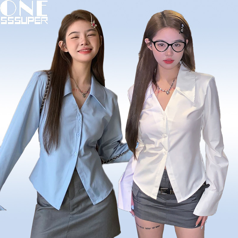 kemeja putih lengan panjang Kemeja wanita gaya korea kemeja v-neck