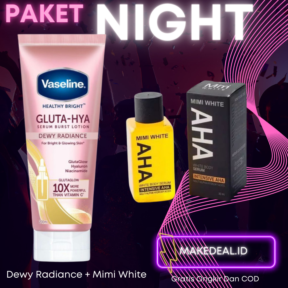 Paket Malam Vaseline X Mimiwhite Body Lotion Gluta Hya Dewy Radiance 200 ML + Mimi White Serum 30 Ml