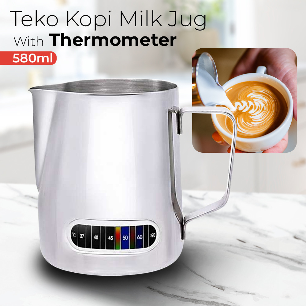 Teko Pitcher Susu Milk Jug Espresso Latte Art Dengan Termometer Kapasitas 580ml Material Stainless S