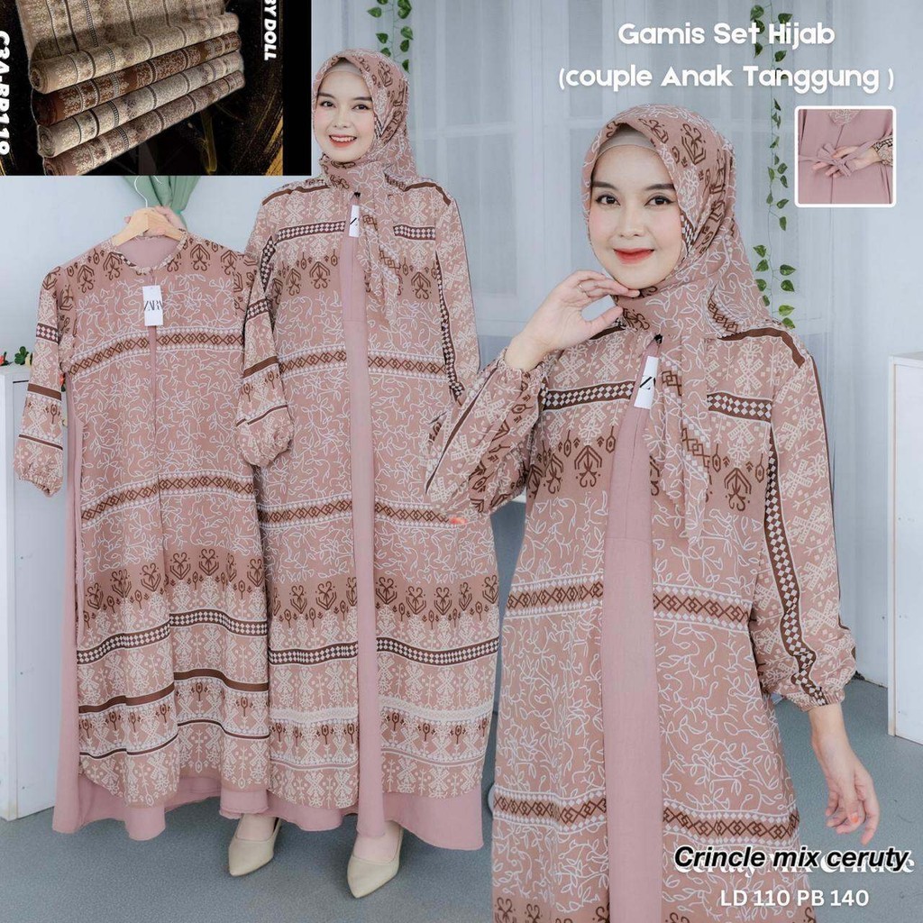 Gamis Lebaran Ibu & Anak , Gamis Ceruty Etnik Set Hijab