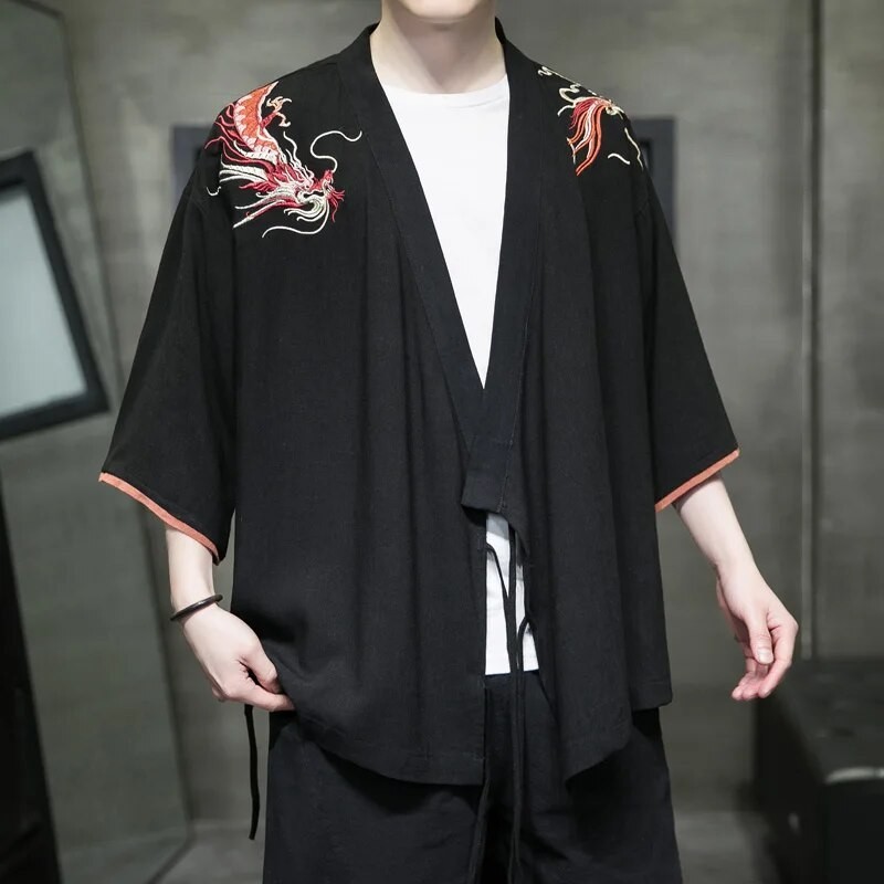 Baju 2023 Hanfu Atasan Pria Mantel Kimono Konfu Pakaian Luar Kardigan Retro Pria Jaket Jahit Terbuka