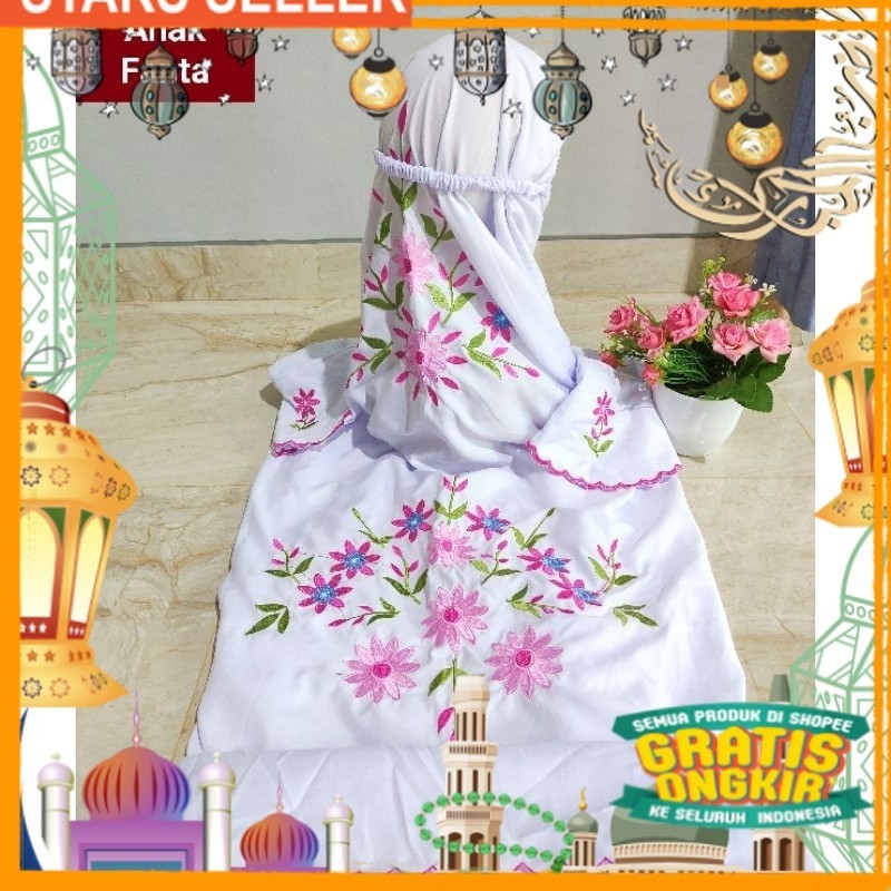 READY MUKENA ANAK TERCANTIK(COD) Mukena Polino anak Terusan Kain Dasar Warna putih Motif Bunga terat