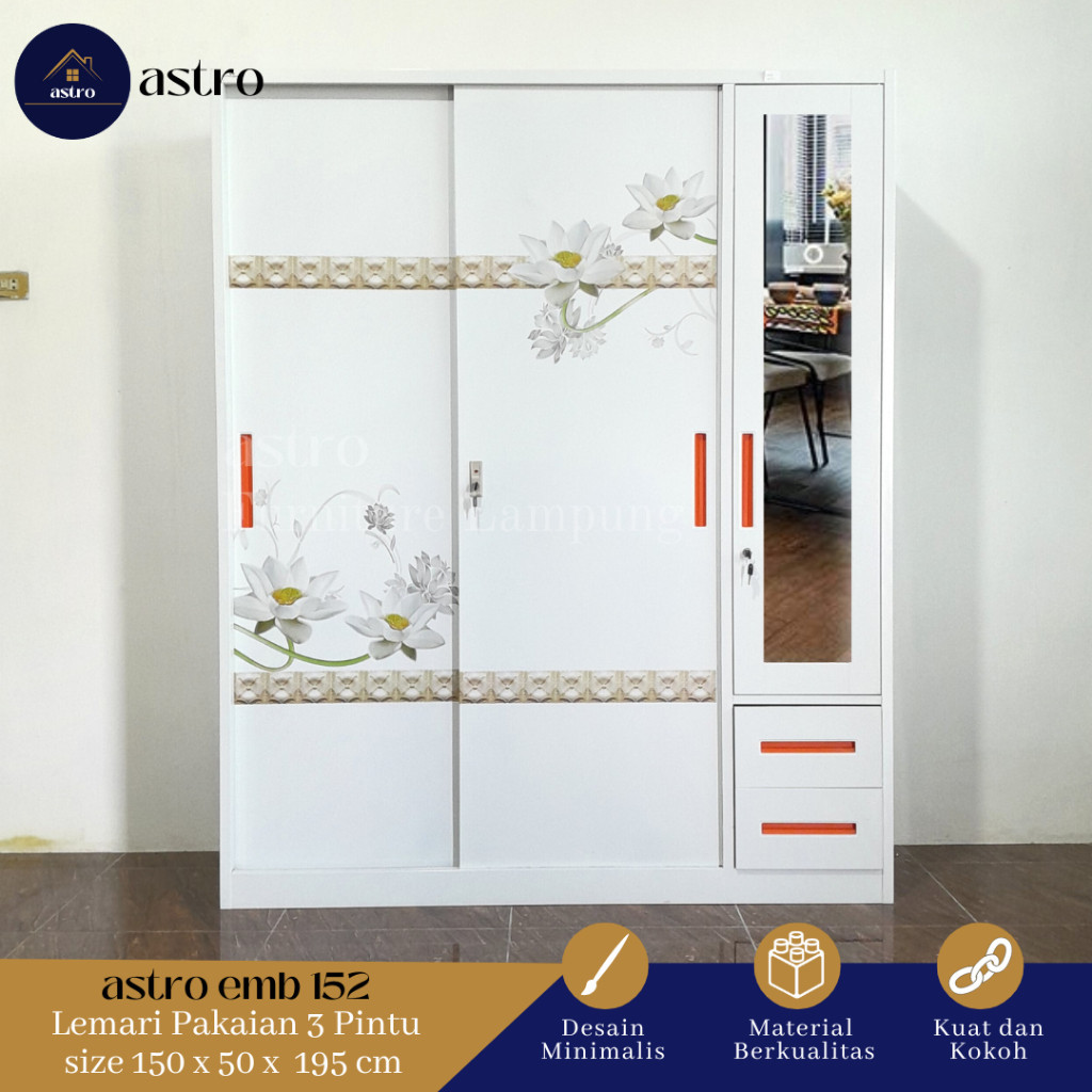 

PROMO SPESIAL LEMARI PAKAIAN 3 PINTU SLIDING + 2 LACI FULL PLAT BESI KACA PANJANG