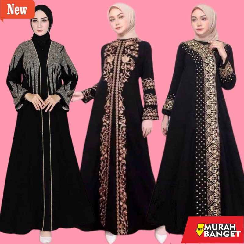 Baju lebaran ala Timur Tengah- Abaya hitam bordir piramid gamis arab turkey dress renda dubai polos