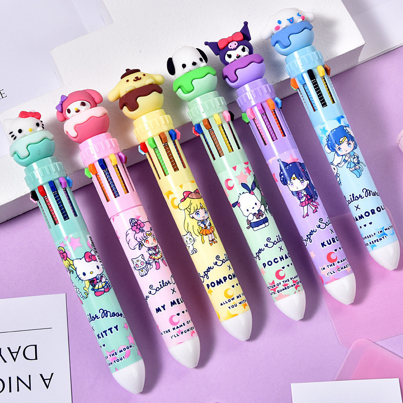 

Sanrio Pretty Pen Jurnal Ten-Color Nama Bersama Anak Perempuan Lucu Alat Tulis Siswa Pena Press-Type Multi Warna Bolpoin Grosir