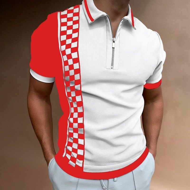 Kemeja Polo Pria Terbaru Kaos Kerah Cowok Lengan Pendek Kerah Longgar Motif Kotak Kotak Merah Putih