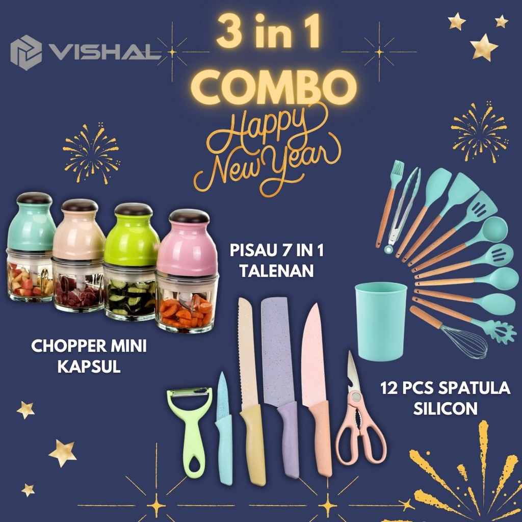 gr53ws VISHAL (COD) Special Combo 3in1 Pisau Makaroni+Set Spatula Silicone 12in1+Blender Portable Ka