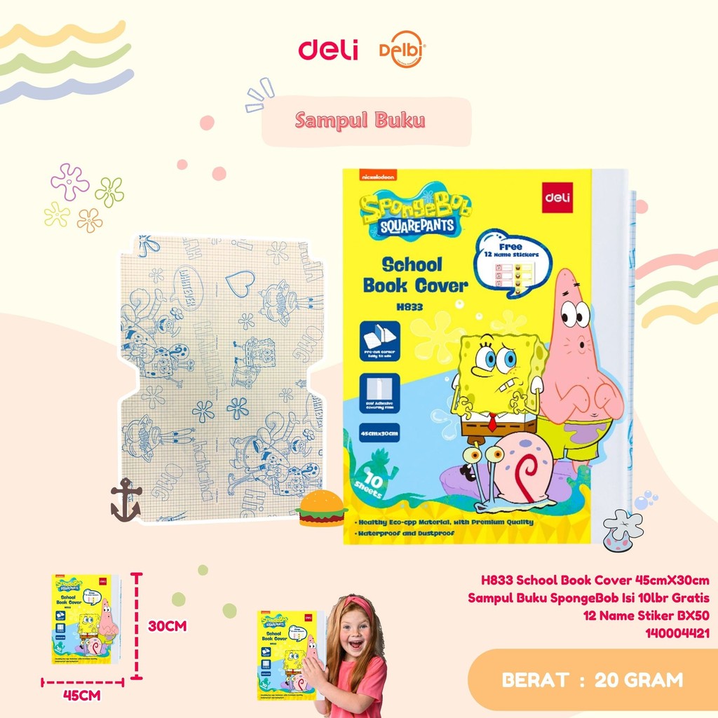 

Deli Sampul Buku Plastik Transparan DELI H833 School Book Cover 45cmX30cm Sampul Buku SpongeBob Isi 10lbr Gratis 12 Name Stiker