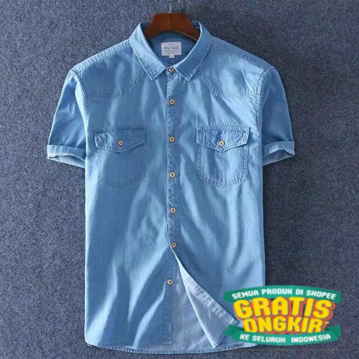 TK / Kemeja Baju Distro Kemeja Jeans Levis Lengan Pendek Pria Bahan Tebal - Biru Muda, L/ Model Terb