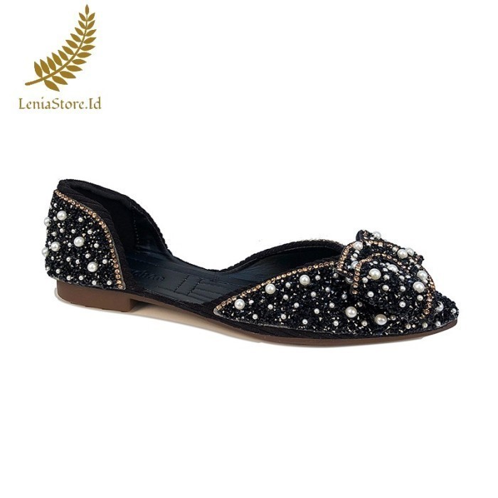 Sepatu Flat Shoes Wanita Import Balet Balerina Mutiara Kristal Sol - Hitam, 37