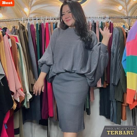 rok wanita kekinian ARTWO Setelan Atasan Wanita Batwing Jumbo + bawahan Rok Pendek Jumbo Wanita Raju