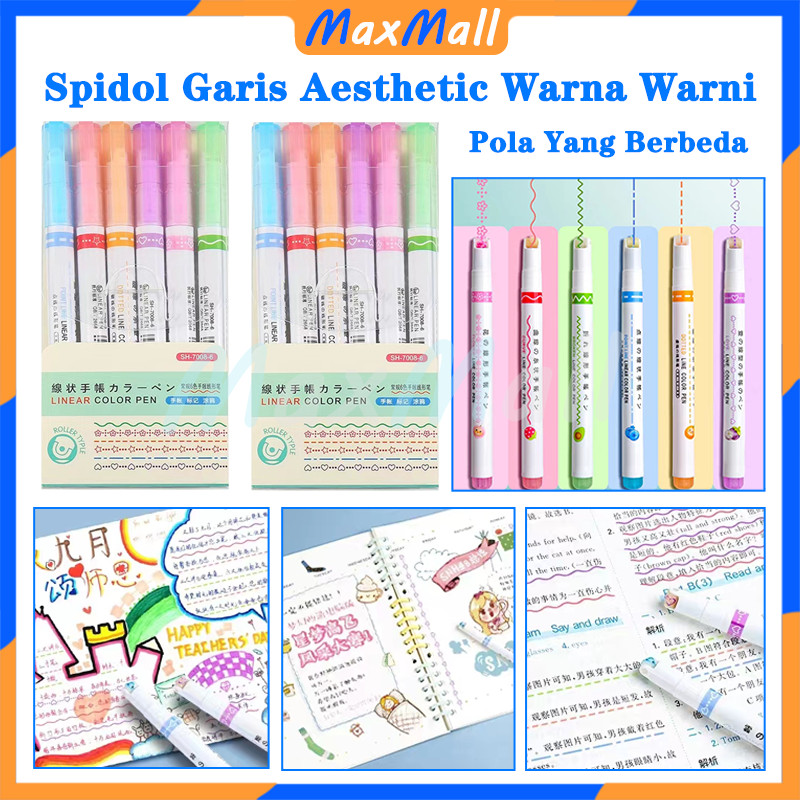 

6 PCS Warni Stabilo Warna Warni Marker Penanda Buku Roller Stamp Reminder Highlight Pola Cute Candy Color Highlighter Set