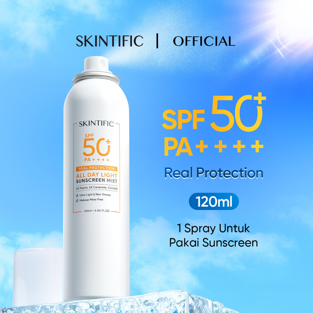 SKINTIFIC All Day Light Sunscreen Mist SPF50 PA++++ Sunscreen Spray Anti UV Wajah/Body Spray 120ml S