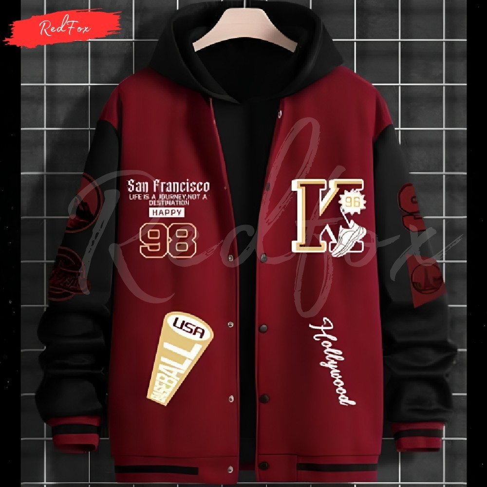 Jaket Baseball Varsity Kupluk Bahan Fleece Tebal Premium Motif Sablon SAN FRANCISCO 98 INISIAL K  Bi