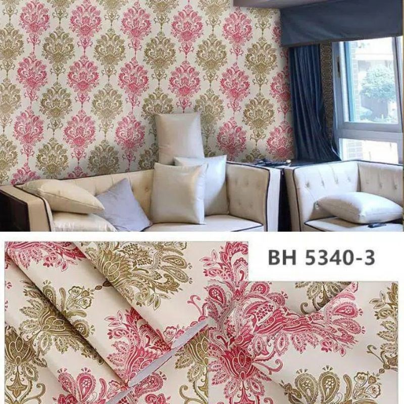 Wallpaper Sticker Dinding Batik Pink Gold Salur Ruang Tamu Minimalis Modern Dekorasi Dinding Mewah Elegan