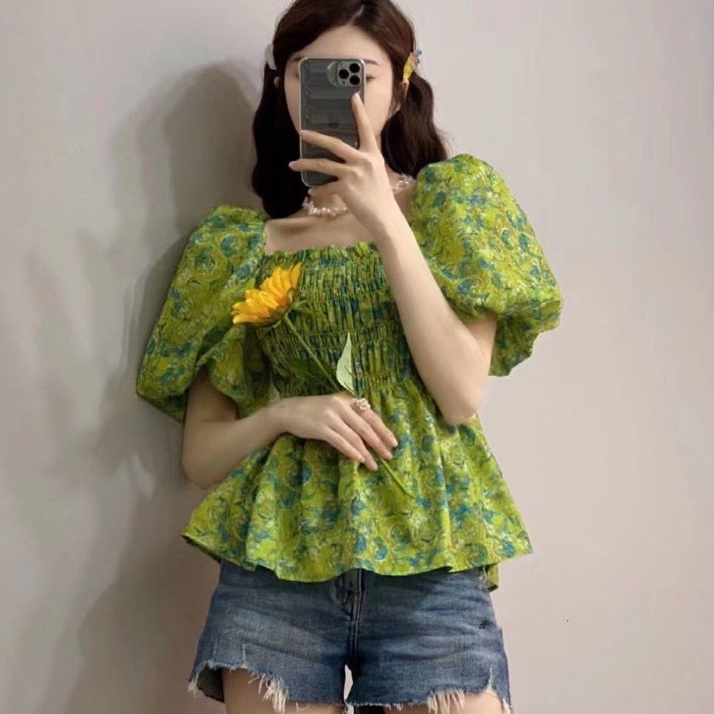 Clothes Women's French Super Immortal Bubble Sleeve Top Square Neck Fragmented Flower Shirt Trendy O