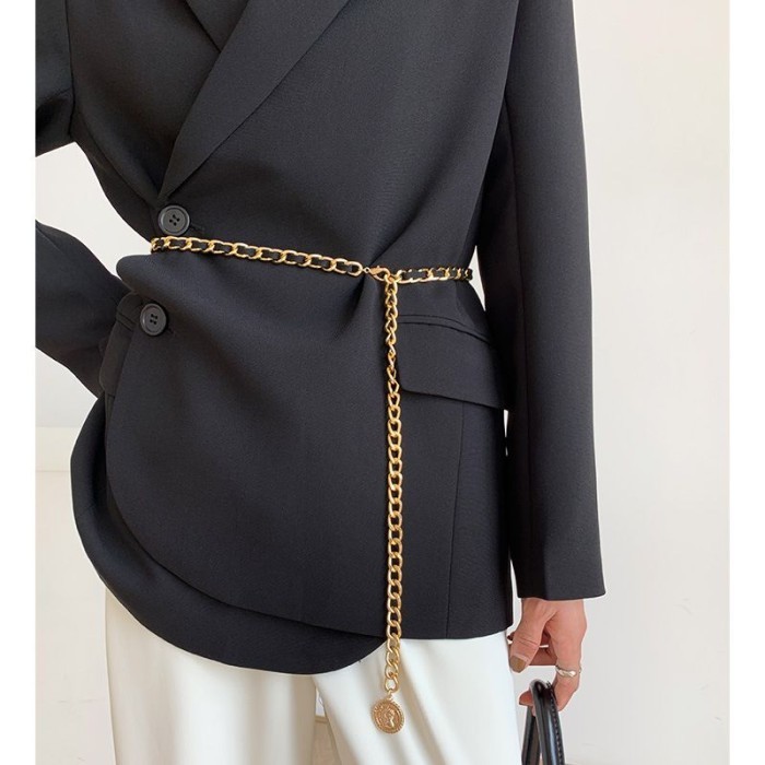 Belt Wanita Rantai Gold Ikat Pinggang Sabuk Metal Fashion Big "Chain 2 - Black Gold