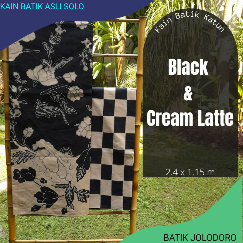 kain katun batik motif daun bunga hitam