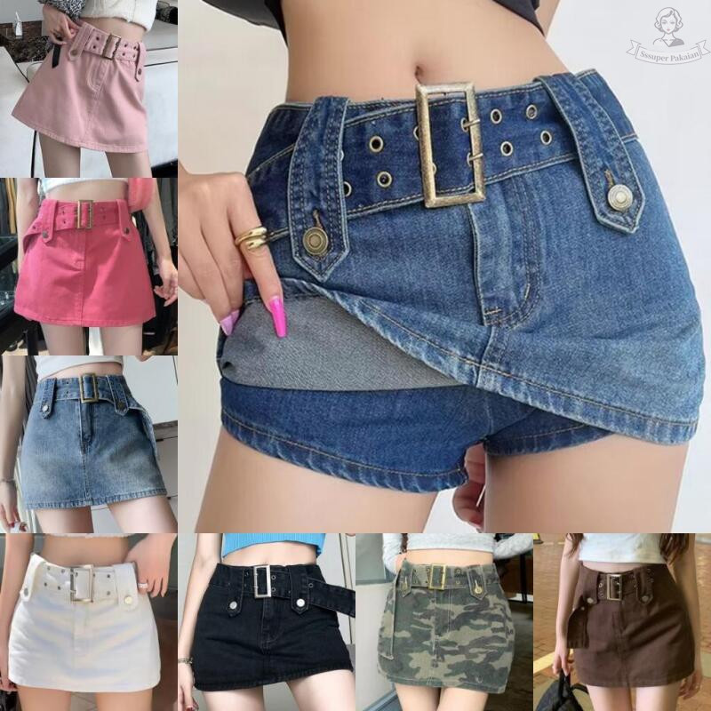 Rok Denim Pinggang Tinggi Retro Wanita Rok A-Line Seksi Gaya Korea