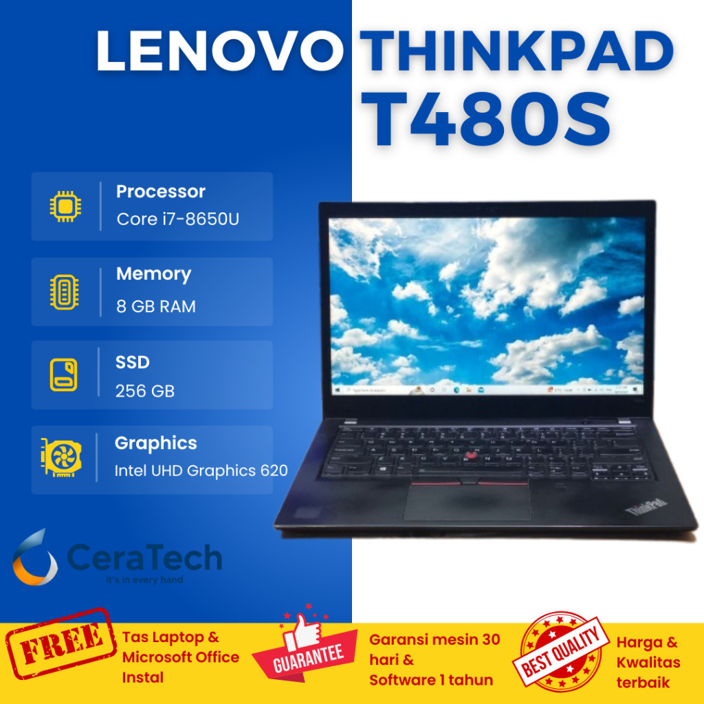 Lenovo Thinkpad T480s Core i7 Gen 8 RAM 8 GB SSD 256 GB Laptop Slim 14 inch Full HD