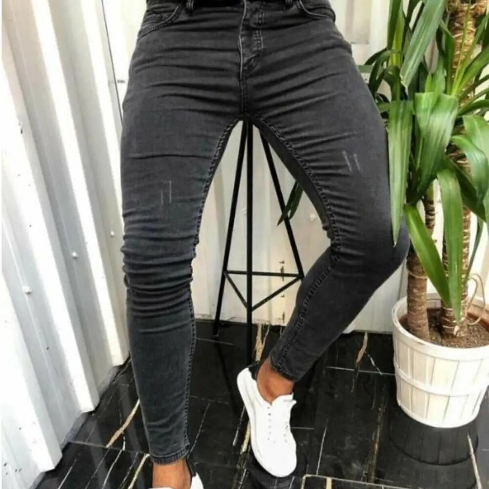 Jeans Kaki Kecil Lentur Pria    Jeans Pria Hitam Ketat Celana Fitness Santai Fashion Ramping