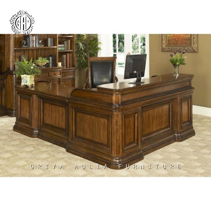 Meja kerja direktur leter L meja direksi kayu jati perhutani