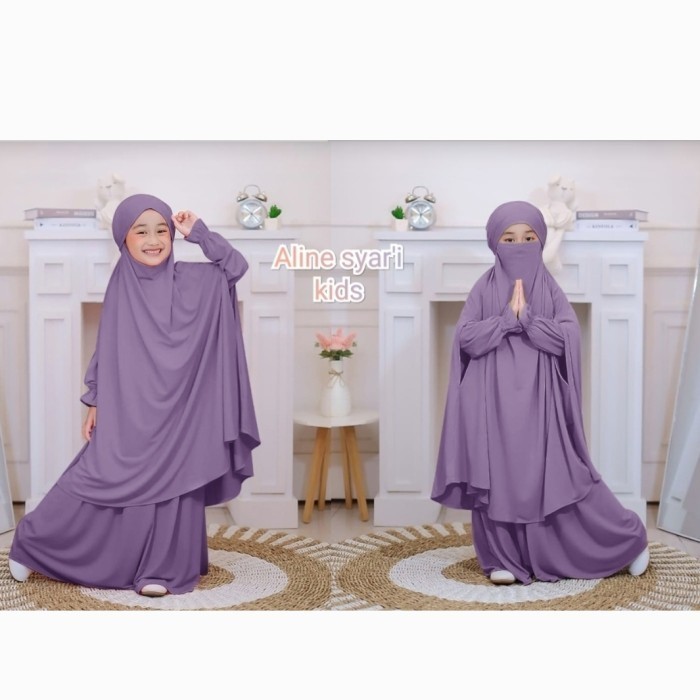 BEST SELLER-Bongkar Gudang gamis syari terbaru set khimar anak jersey aline . allsize 7-9 tahun - Li