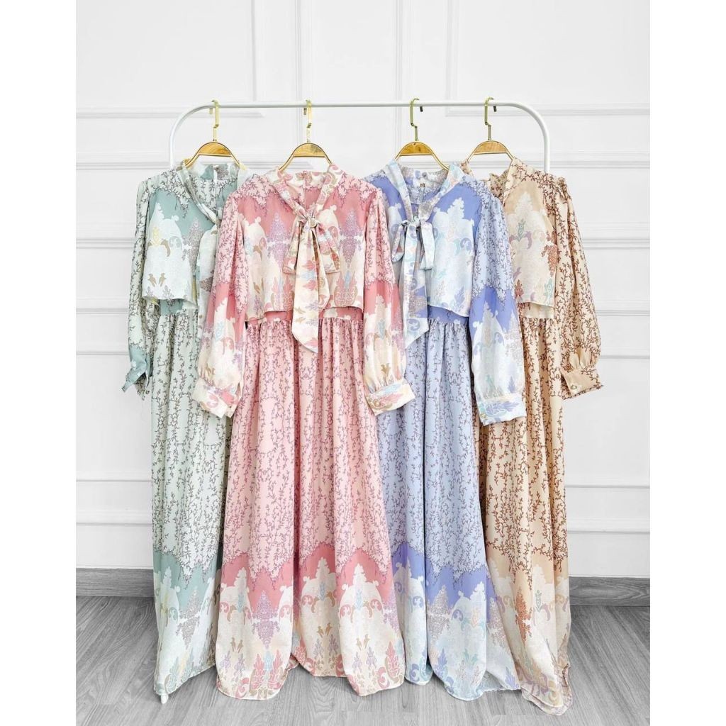 LONG MAXI KATUN SLIKY FULL PRINT MOTIF BATIK BUNGA VARIASI KERAH TALI PITA LENGAN BALON PREMIUM WANI