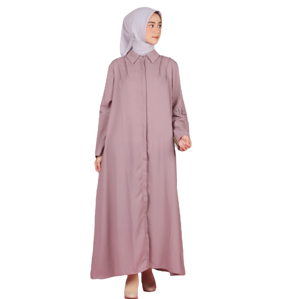 Momaza - Aghnia Dress Gamis Abaya Outer Polos Warna Pastel 2in1 Berkerah Kemeja Aksen Kancing Tangan