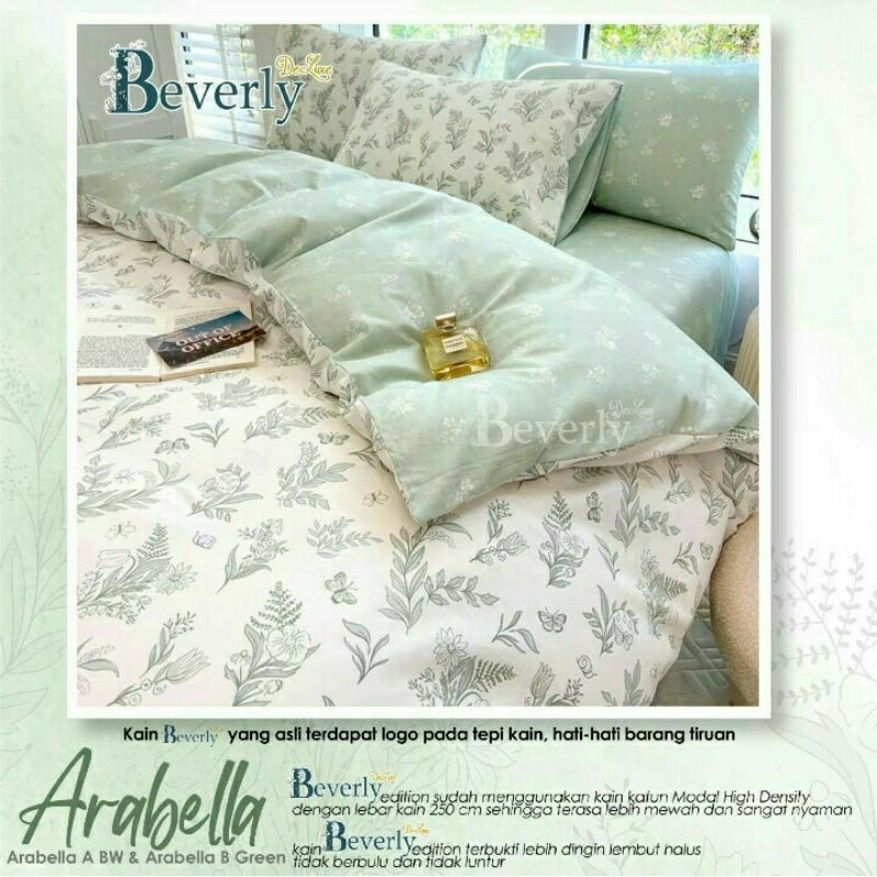 Bedcover + sprei anti geser katun beverly motif ARABELLA kombinasi bunga putih & hijau