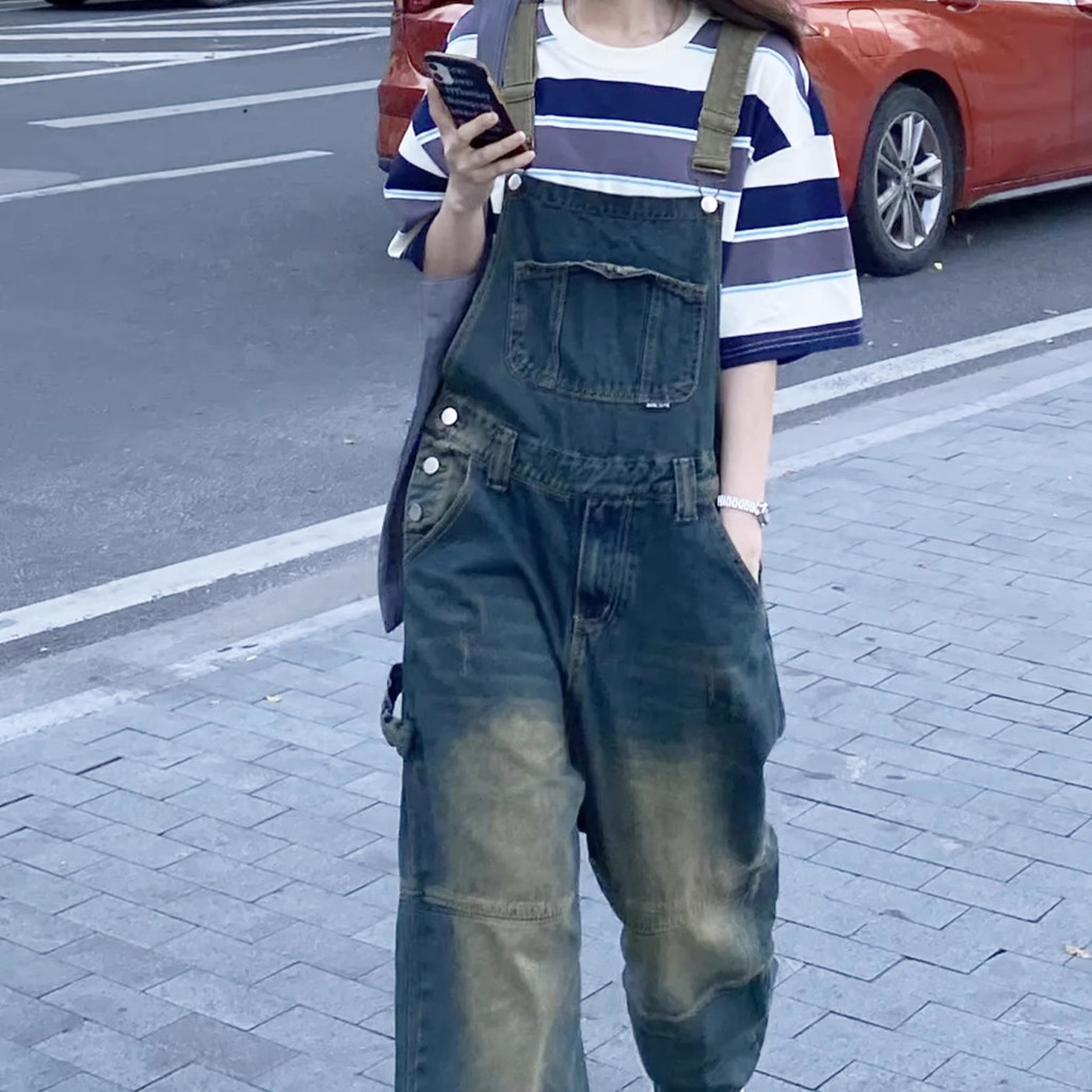 Denim Perkakas Retro Amerika Overall Jeans One-piece Nostalgia Pria Dan Wanita Longgar Dicuci