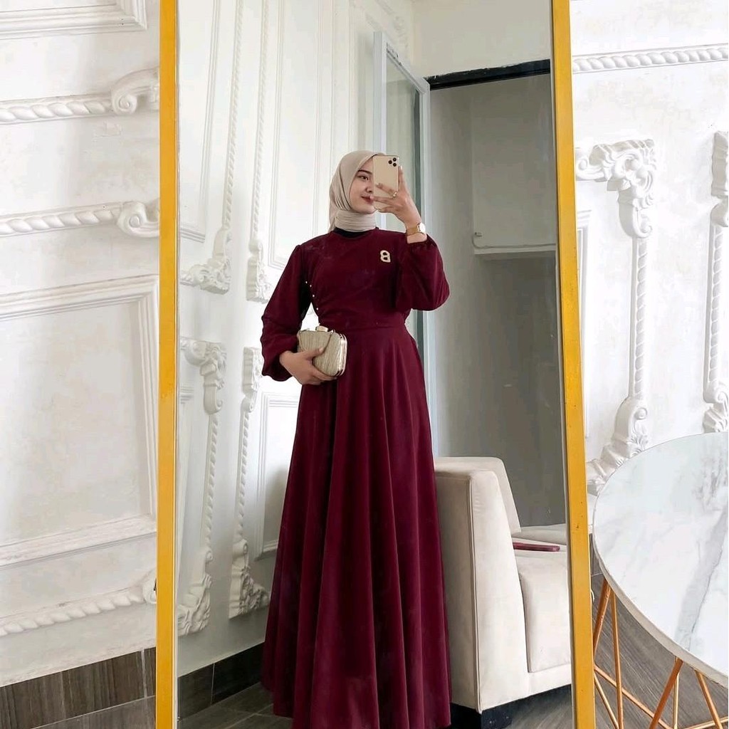 Naomi Dress Bahan Ceruti Babydoll Premium Aplikasi Payet Mutiara Gamis Lebaran Trendy Fashion Muslim