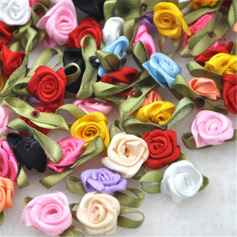 

50PCS/Lot Mini Handmade Rose Flower Satin Ribbon Fabric Appliques For Wedding Decoration Craft Sewing Accessories B039