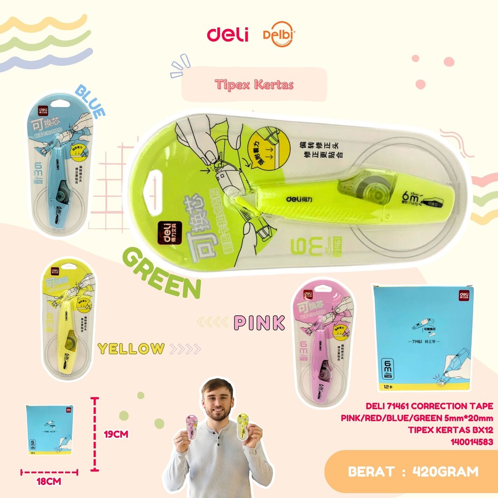 

DELI 71461 CORRECTION TAPE PINK/RED/BLUE/GREEN 5mm*20mm TIPEX KERTAS