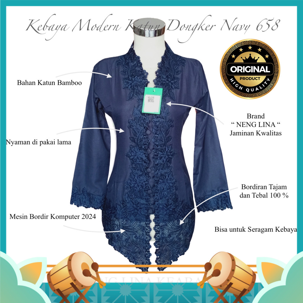 Kebaya Kekinian Style Casual Murah Modern Premium / Kebaya Modern Katun Dongker Navy 658 Encim - Nen