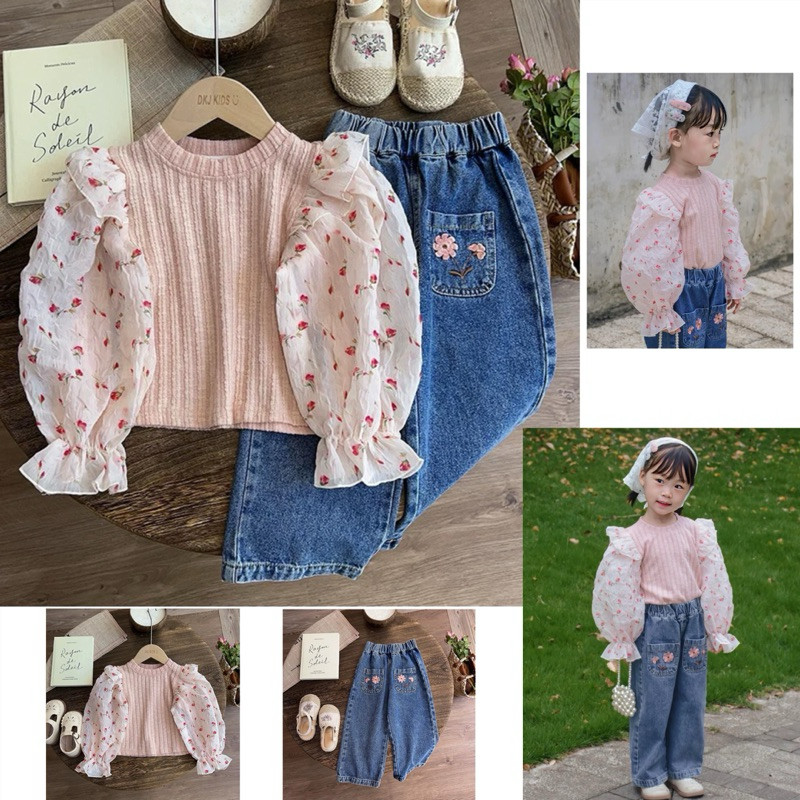 2-10Tahun Setcel jeans floral pink baju ootd korea anak perempuan terbaru