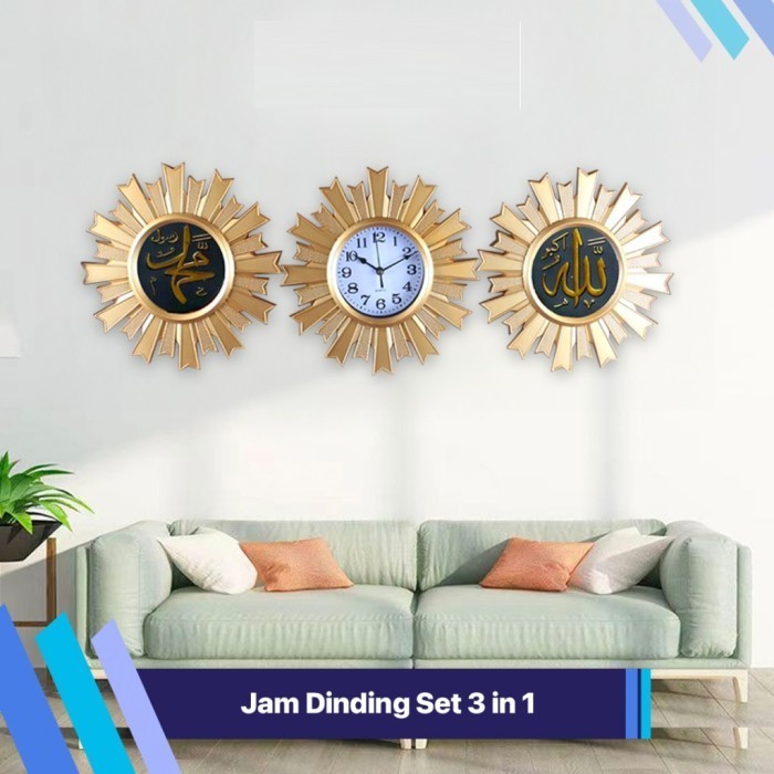 Hiasan Dekorasi Jam Dinding Cermin 1 Set Isi 3 Pcs 3in1 Gold Kaligrafi