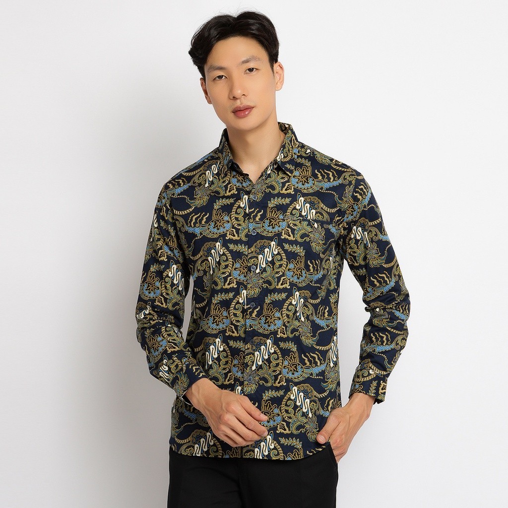 Kemeja Batik Pria Atasan Batik Modern Lengan Panjang Warna Dasar Navy OLR009
