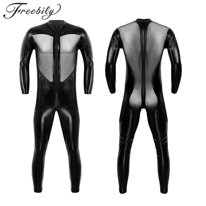 Halloween Black Unisex Sexy Metallic Shiny Zentai Catsuit Men Women Mesh Splice Full Bodysuit Cospla