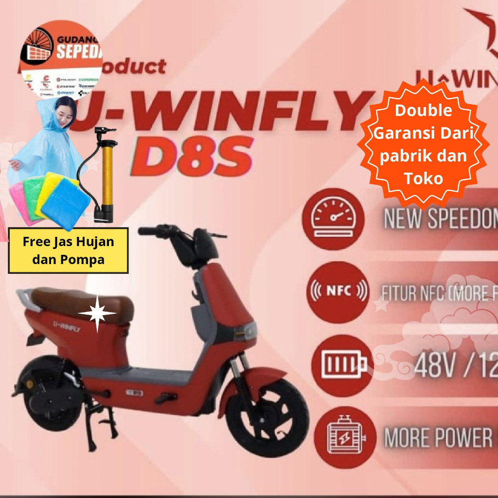 FREE ONGKIR BONUS DOUBLE D8S Sepeda Motor pedal Listrik UWINFLY DF8s DRAGONFLY 8  s Moped Electric Bike 500 Watt 48V/12AH Garansi SNI