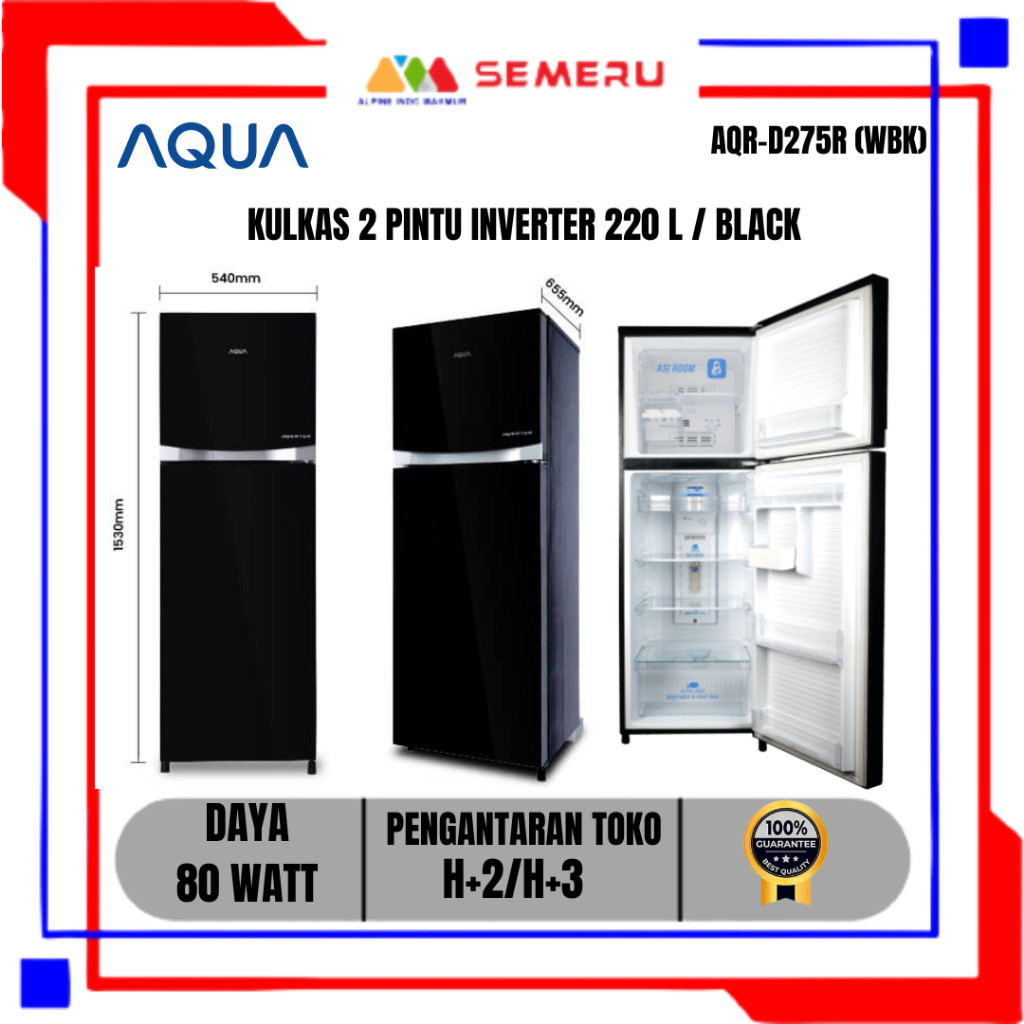 AQUA KULKAS 2 PINTU INVERTER 220 L / BLACK AQR-D275R (WBK) MAKASSAR FREE PENGANTARAN