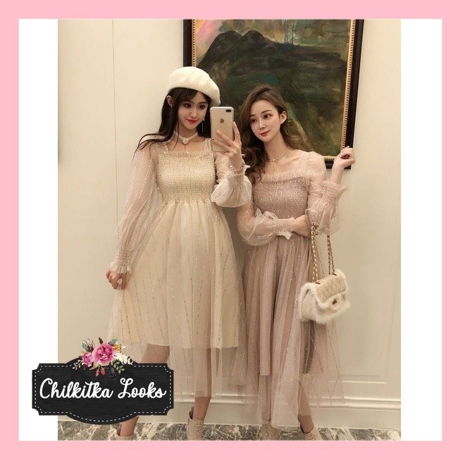 CHILKITKA LOOKS FASHION WANITA IMPORT Lily Midi Dress Pesta Long Sleeve Tulle